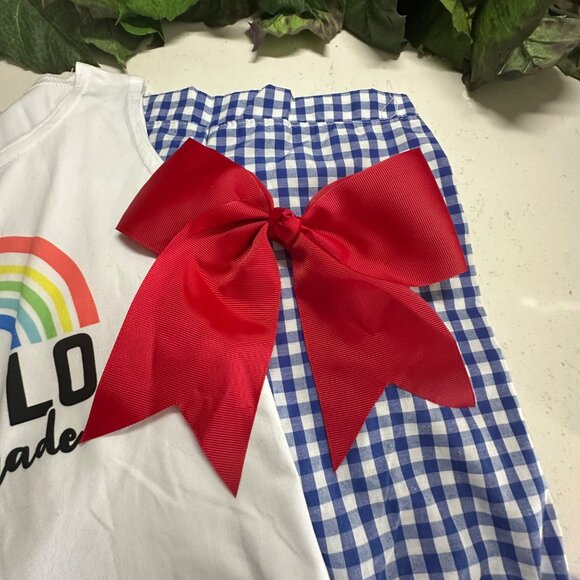 Hello 1st Grade Girls Outfit White Tank Top & Blue Gingham Ruffle Shorts With Re - Picture 5 of 6